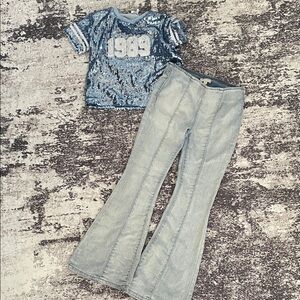 Blue Sequin Top and Flared Jeans Set